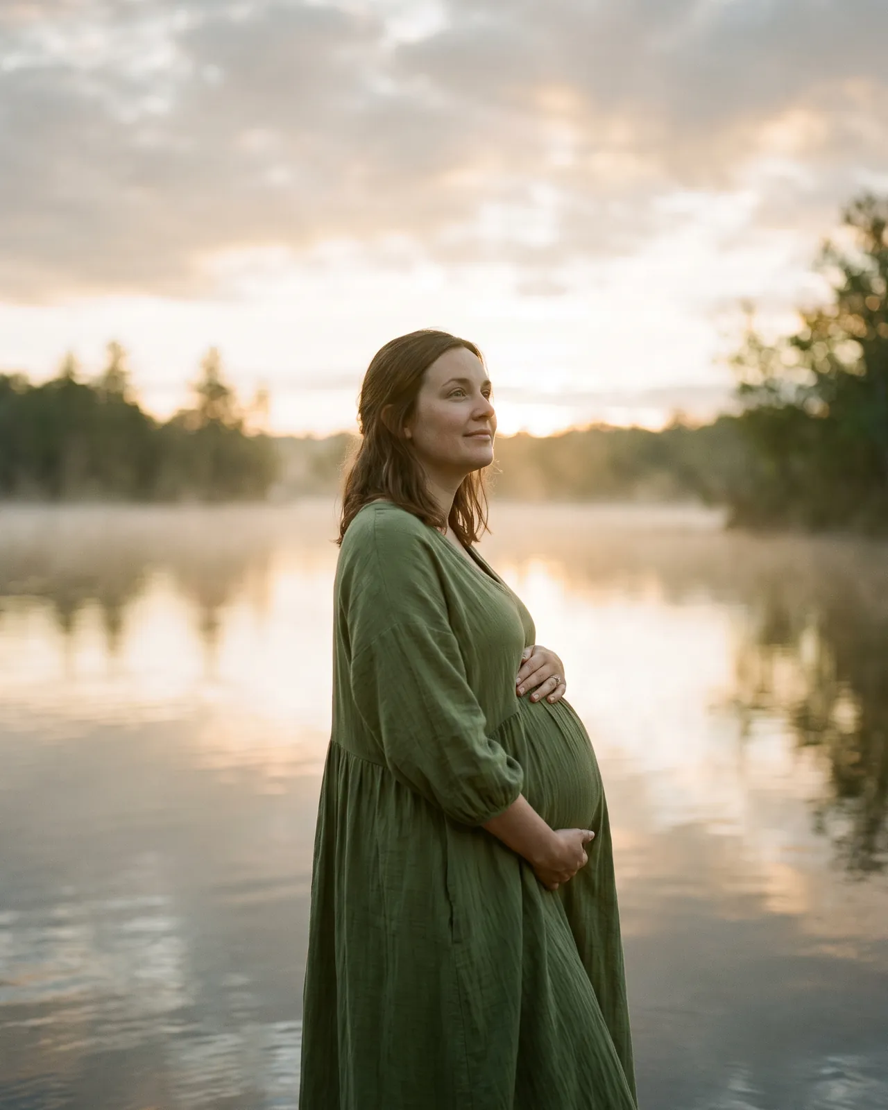 Maternity portrait at the edge of a lake at sunrise