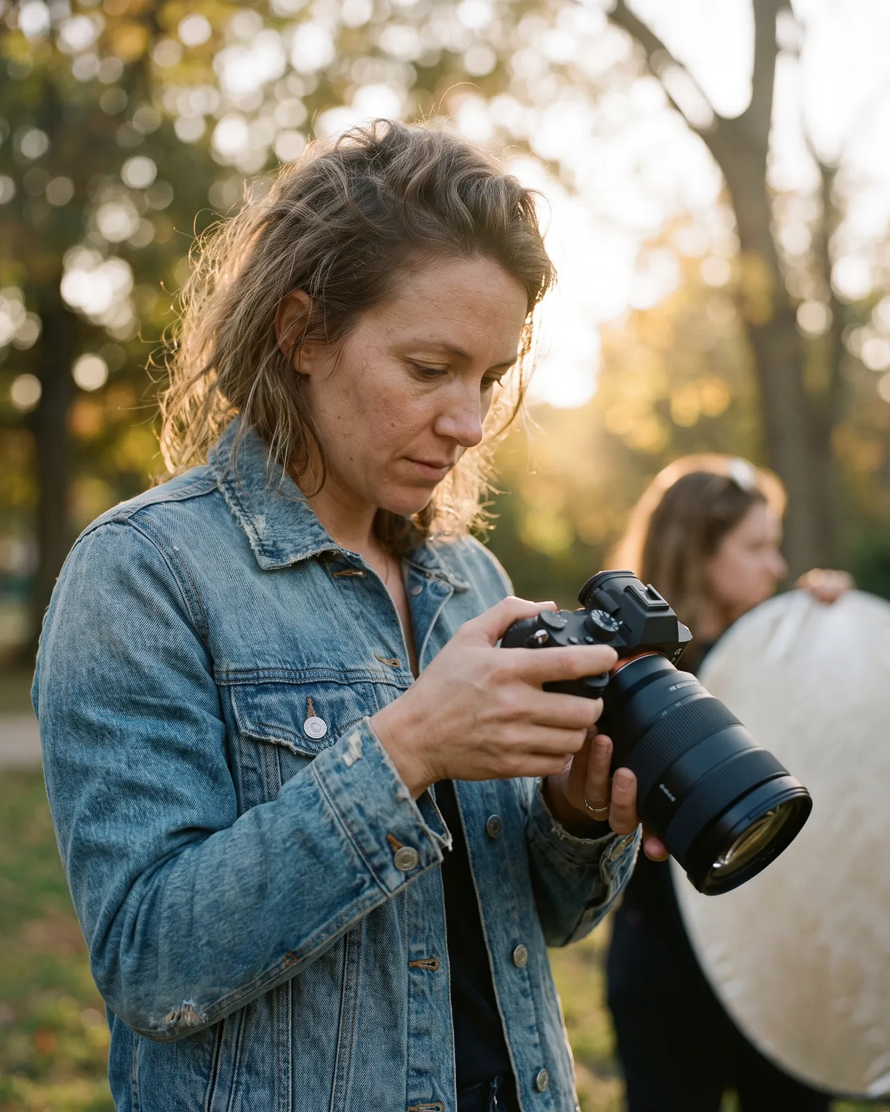 A portrait photographer checking a frame on her camera at golden hour