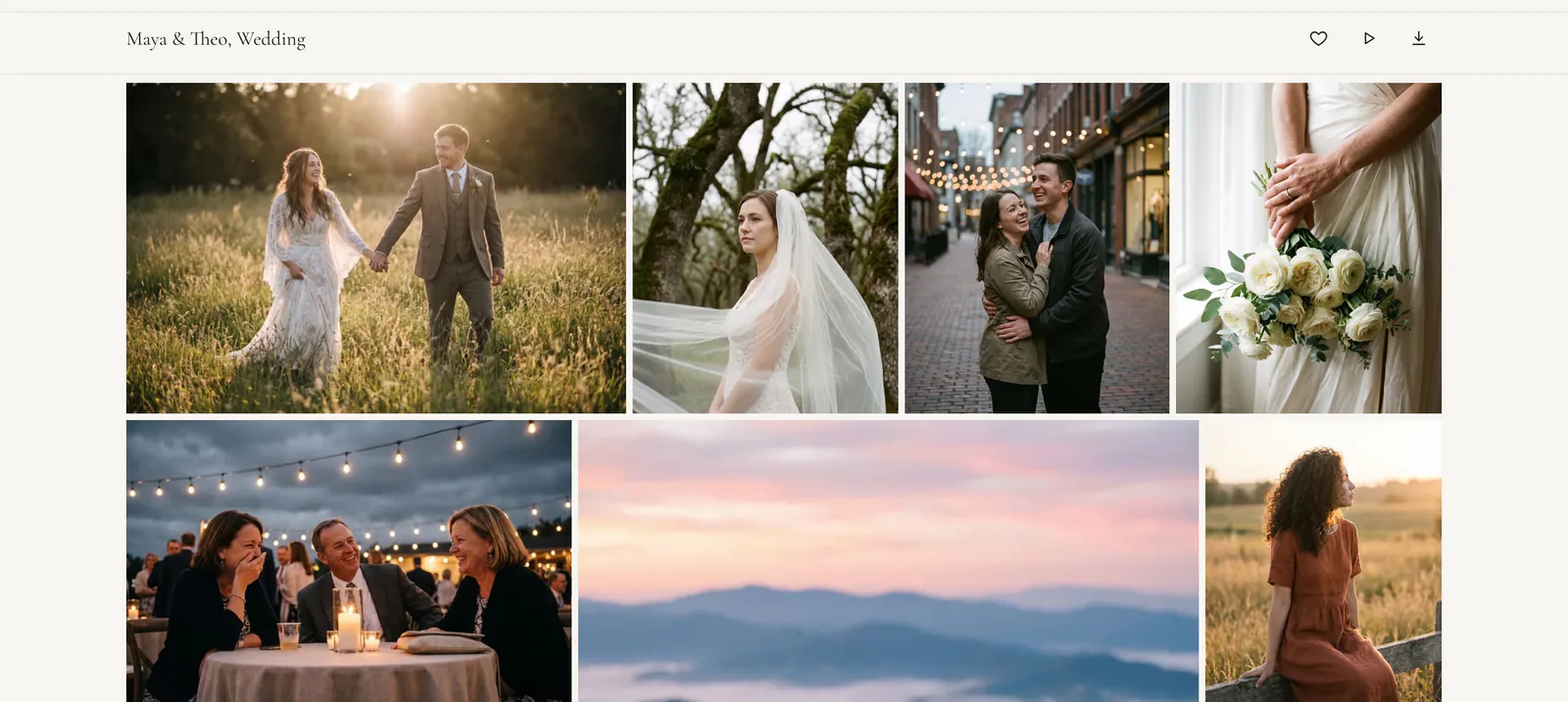Photo grid of a wedding gallery with favorite, slideshow and download buttons