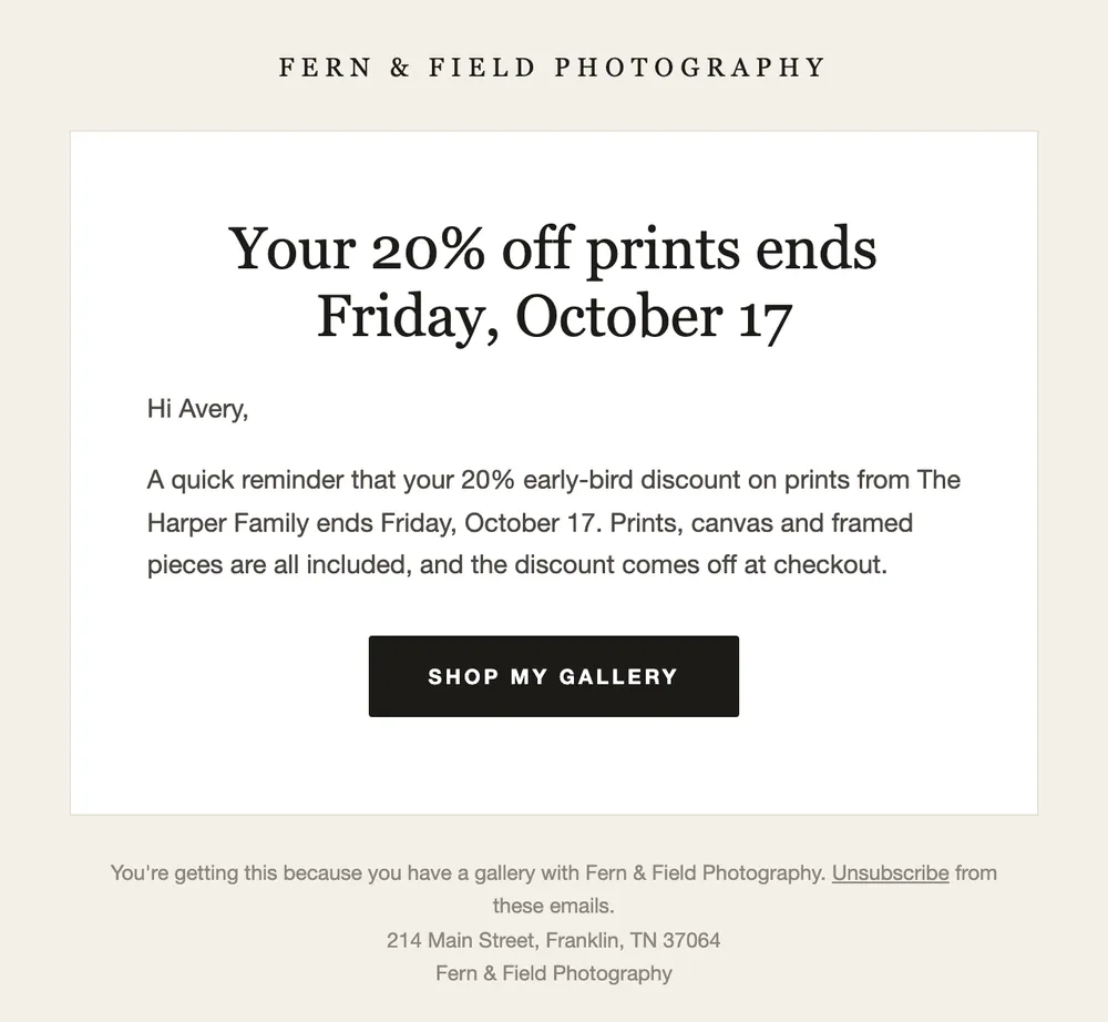 Early-bird sale reminder email from the studio with a Shop my gallery button