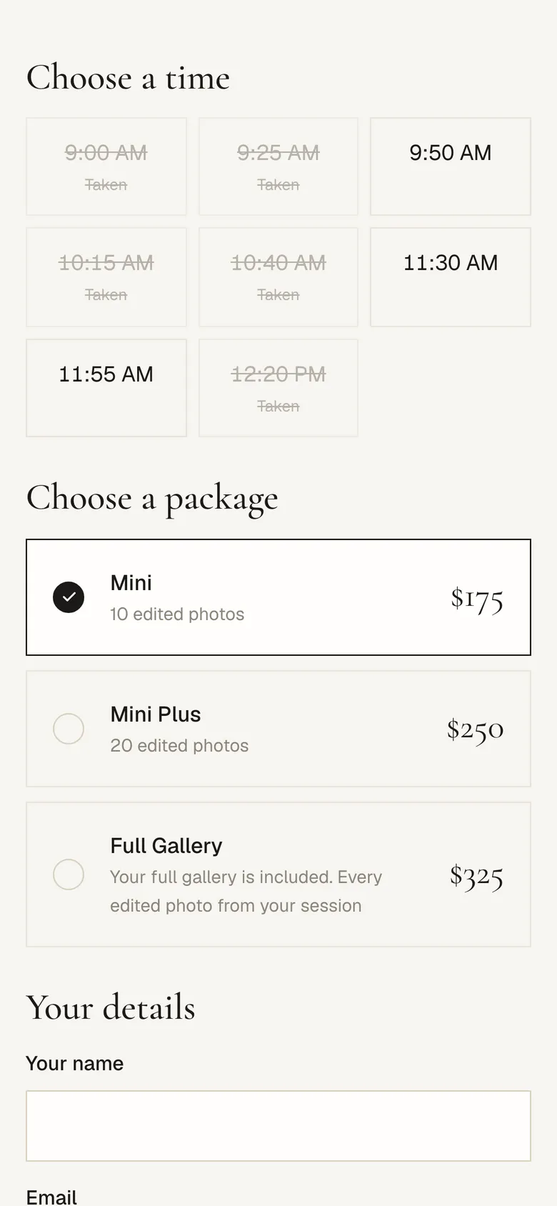 Mini session booking page on a phone with time slots, taken times crossed out and three packages with prices