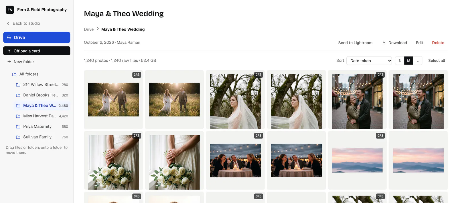 A session folder in HeyShutter Drive with RAW and JPEG files, previews and a Send to Lightroom button